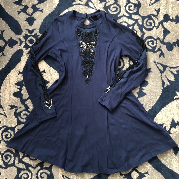 Free People Dresses & Skirts - FREE PEOPLE Navy Blue Beaded Swing Dress